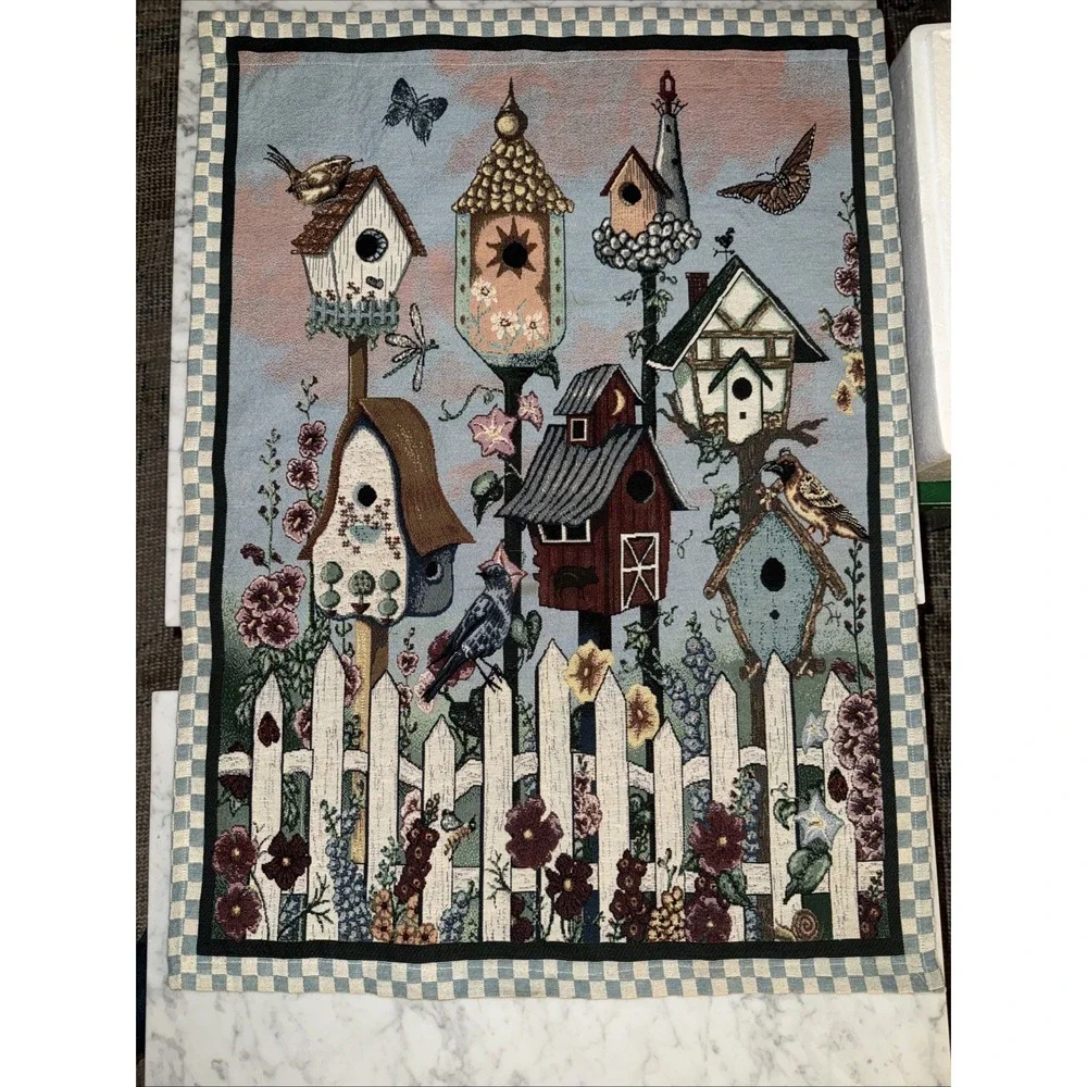 Vintage Birdhouse Bird Flowers Wall Hanging Tapestry Panel 34